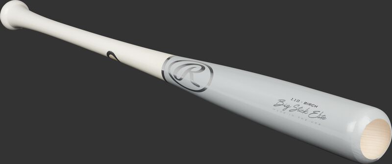 Angled view of a grey/white wash Big Stick Elite Birch bat with a cupped end - SKU: 110RBG