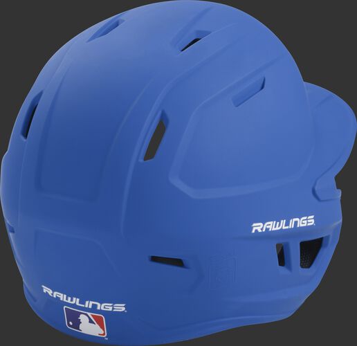 Back right of a one-tone matte royal MACH Rawlings senior size batting helmet
