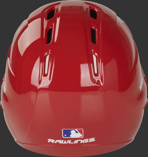 Back of a gloss scarlet R1601 Velo batting helmet with the Official MLB logo sticker