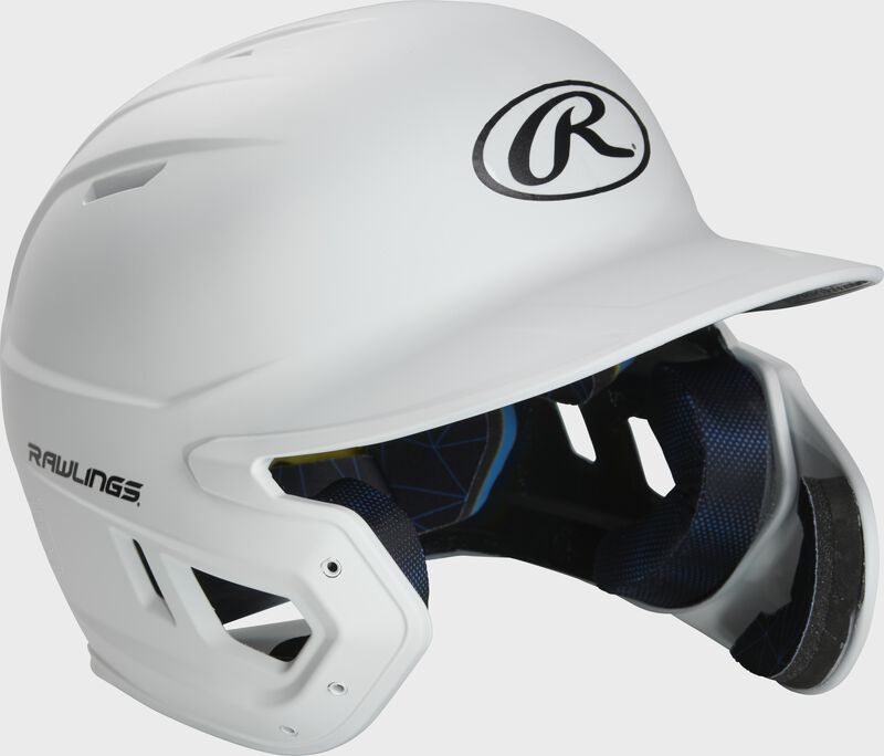 Right angle view of a MACHEXTR Rawlings Mach EXT junior helmet with a one-tone matte white shell