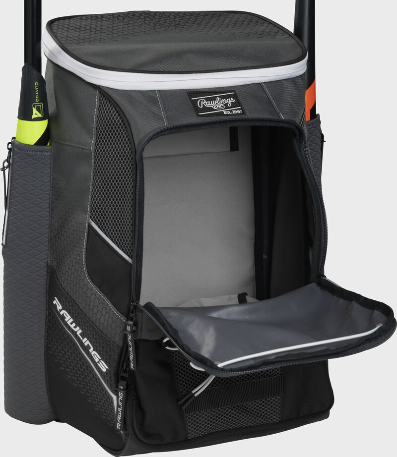 Front of a black Rawlings Impulse backpack with the main compartment open - SKU: IMPLSE-B