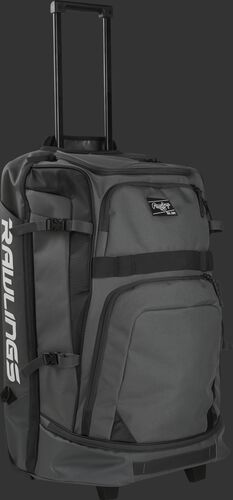 A black and grey R1801 catcher's wheeled backpack with the pull handle extended