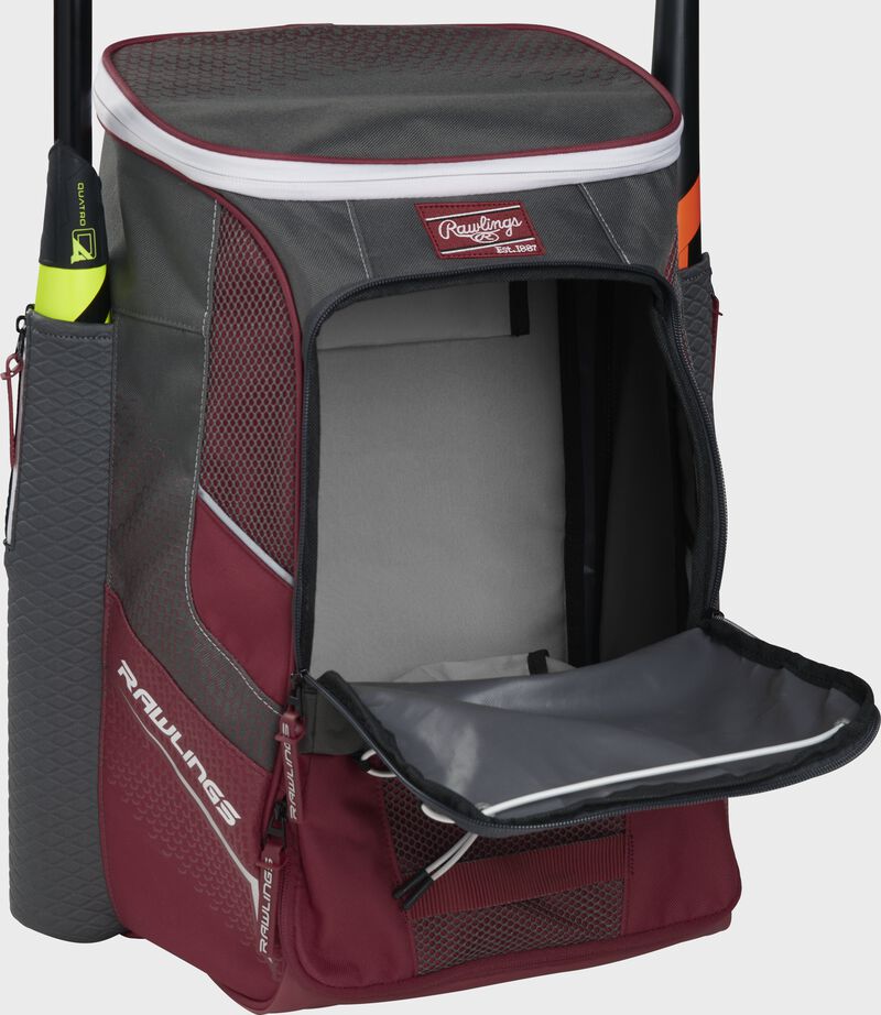 Front of a cardinal Rawlings Impulse backpack with the main compartment open - SKU: IMPLSE-C loading=