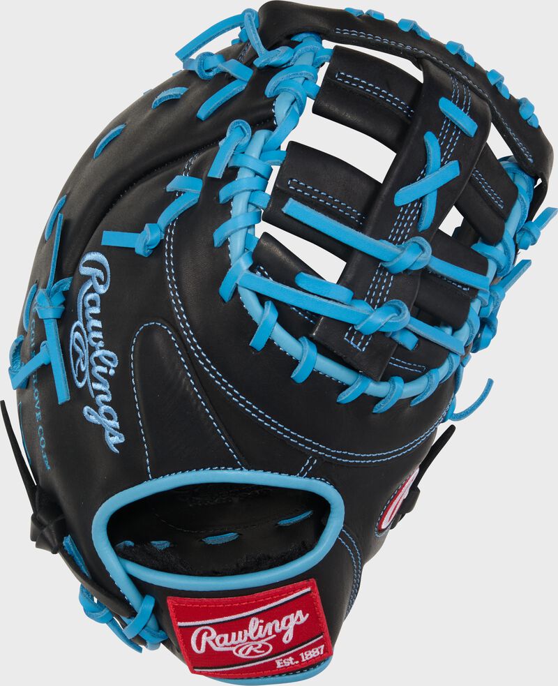 Black back of a R9 Series 13-Inch 1st Base Mitt with a red Rawlings patch