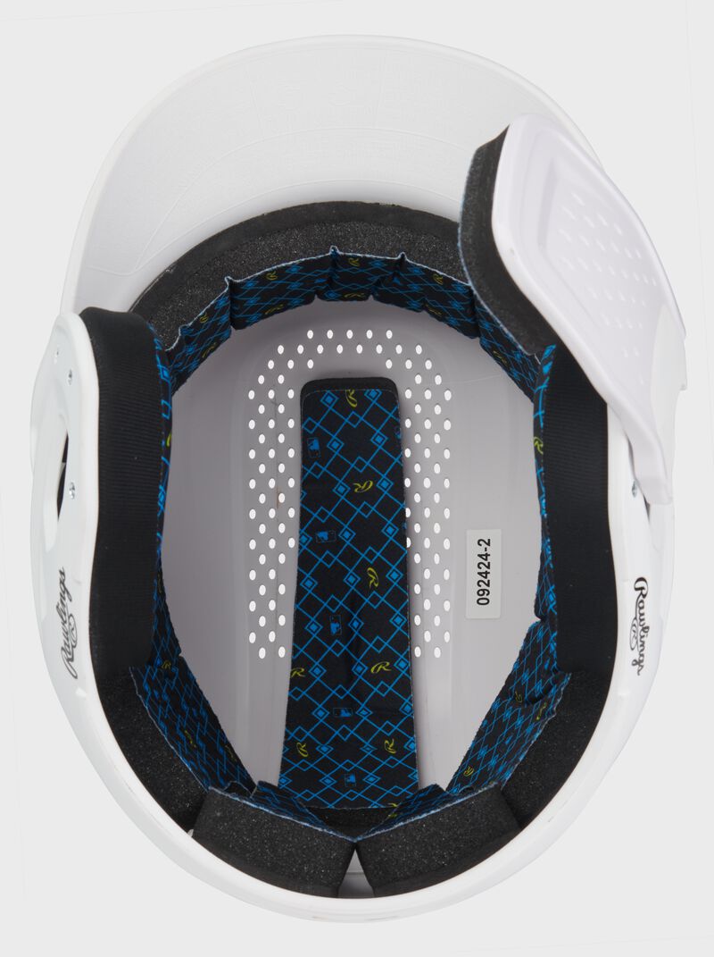 Inside padding of a white Rawlings RX2 Reverse batting helmet loading=