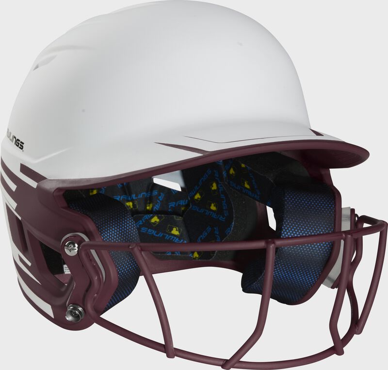 Front right-side view of Rawlings Mach Ice Softball Batting Helmet, Maroon - SKU: MSB13