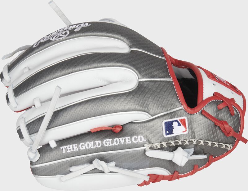 Pinky back view of white, gray, and red 2021 Exclusive Heart of the Hide R2G hyper shell glove loading=