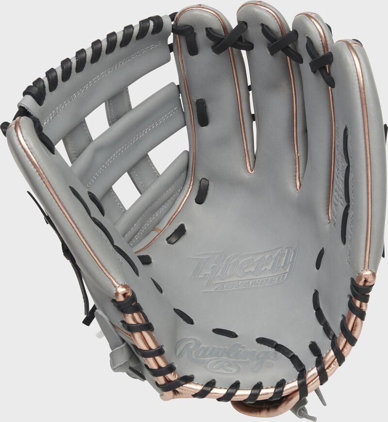 Gray palm of a Rawlings Liberty Advanced outfield glove with black laces - SKU: RLA1275SB-6GRG