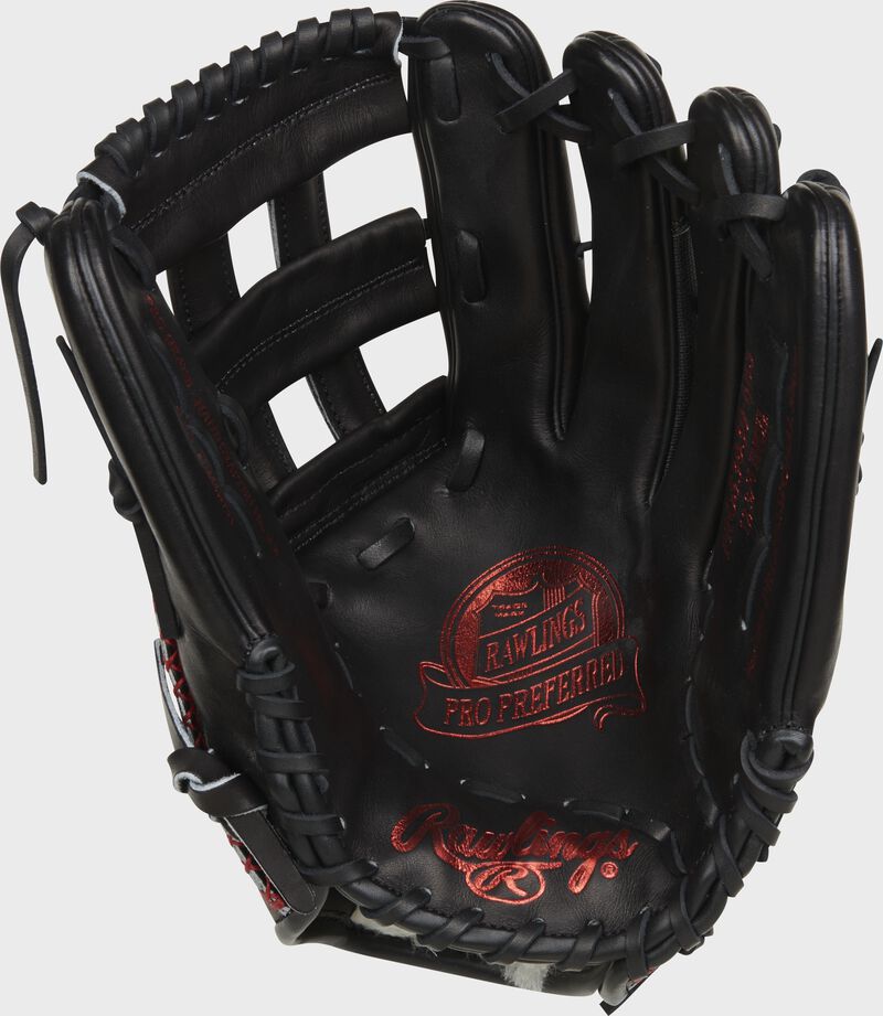 Black palm of a Rawlings Pro Preferred outfield glove with black laces and scarlet palm stamping - SKU: PROS3039-6BSS