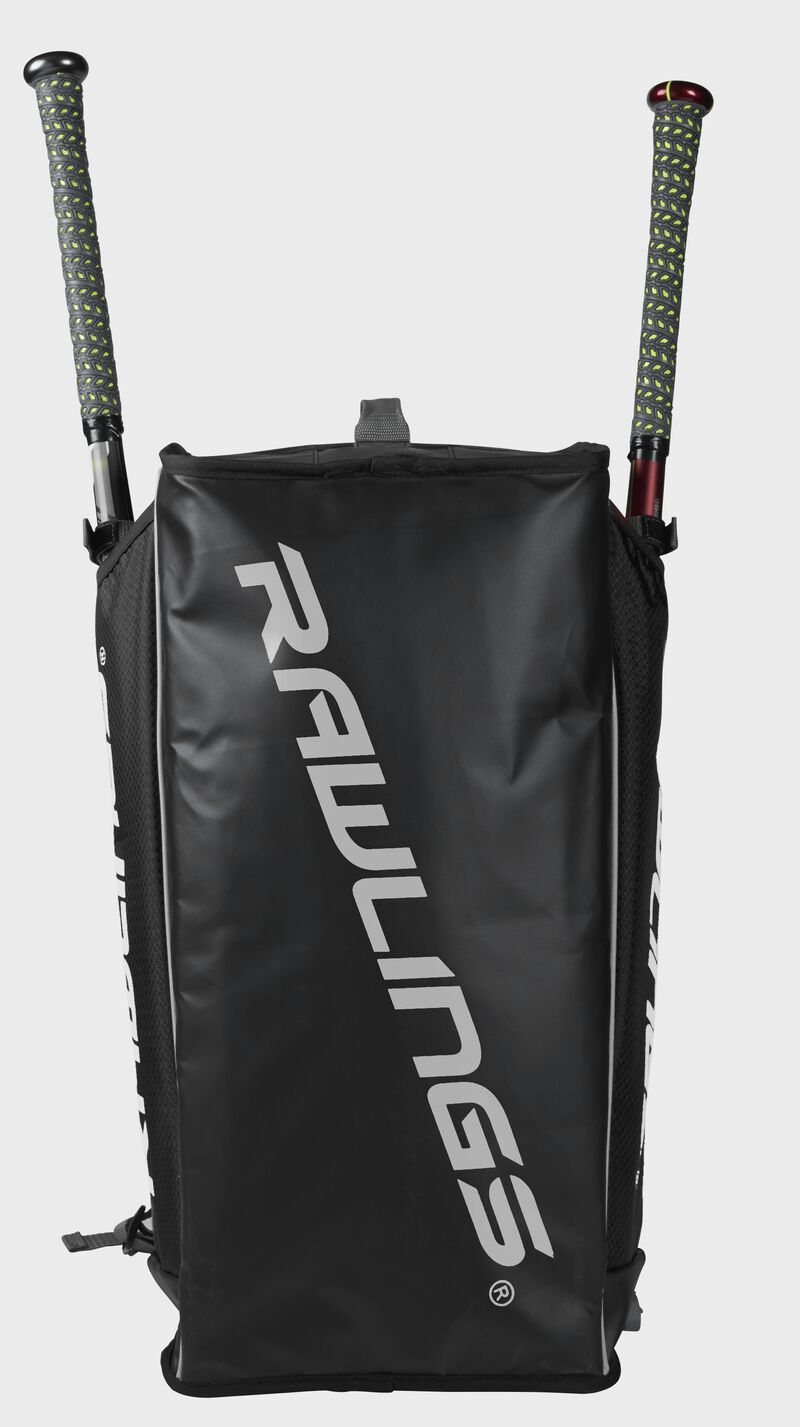 Rawlings logo view of Hybrid Backpack/Duffel Players Bag with baseball bats - SKU: R601 loading=