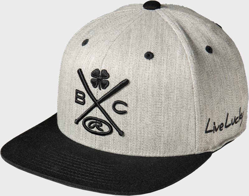 Front of a gray/black Rawlings Black Clover Baseball is Life Snapback hat