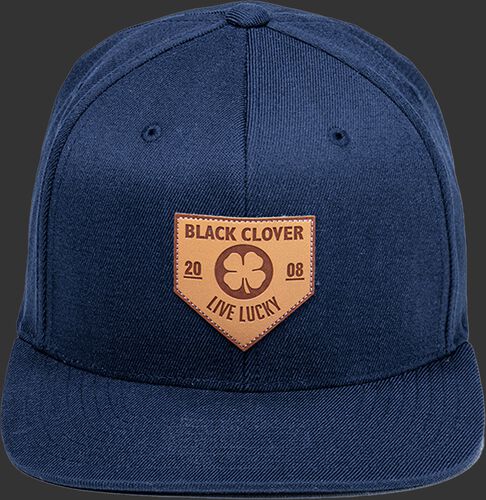 Front of a navy Rawlings Black Clover hat with a flat bill and leather patch home plate logo - SKU: BCR1LPFN0071