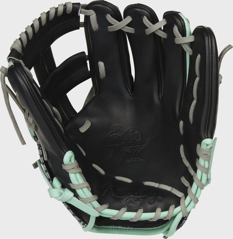 Shell palm view of mint and black Limited Edition Heart of the Hide ColorSync 5.0 Single Post Web glove