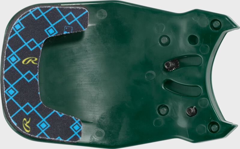 Inside of a dark green Rawlings RX2 Reverse adjustable batting helmet extension with black padding loading=