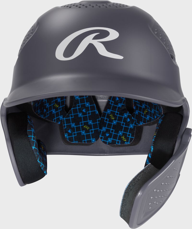 Front of a graphite Rawlings RX2 Reverse batting helmet