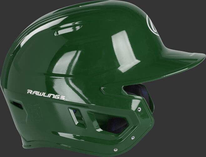 Right side of a MCC01A Rawlings Mach gloss helmet with a dark green shell and compatible with a MEXT face guard extension