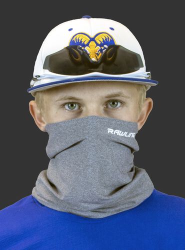 A player wearing a heather gray Rawlings protective neck gaiter over his mouth and nose - SKU: RMSKNG-HGRY