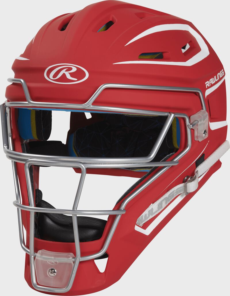 Front left-side view of Rawlings Mach Catcher's Helmet - SKU: CHMCH