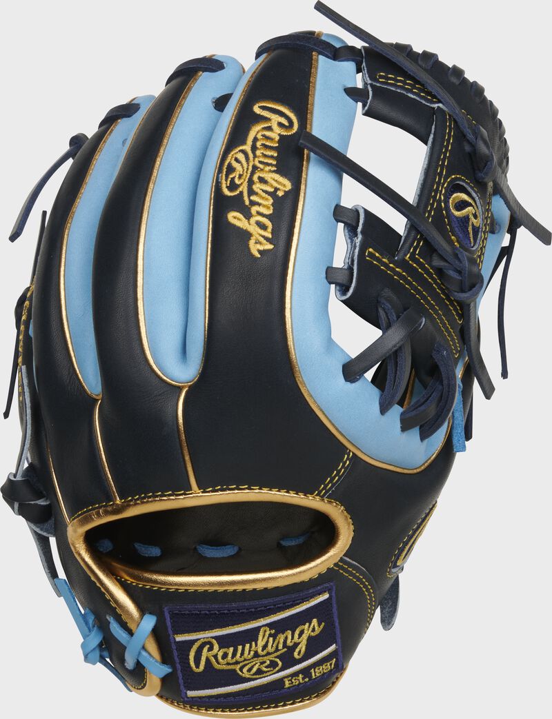 Back of a navy/Columbia blue Heart of the Hide R2G 11.5" I-web glove with a navy Rawlings patch - SKU: PROR314-2NCB