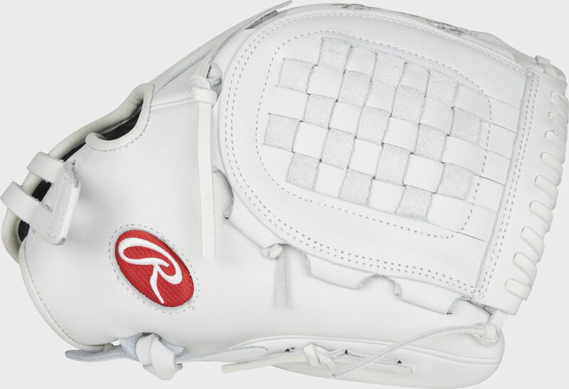 Thumb view of a white PRO125SB-3W Heart of the Hide 12.5-inch Fastpitch infield glove with a white Basket web