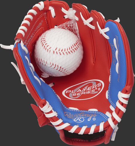 PL91SR Rawlings 9-inch tee ball glove with a scarlet palm, white laces and soft core ball included