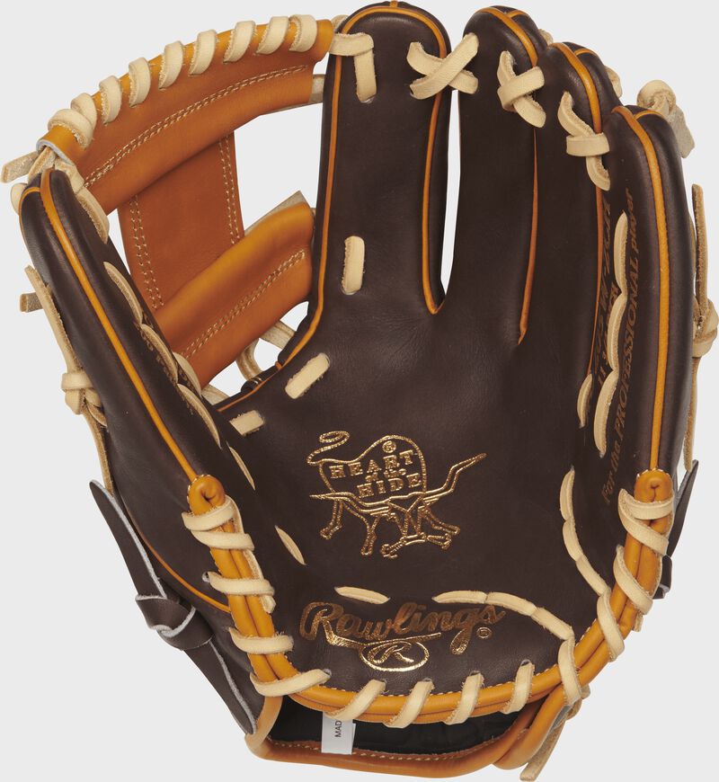 A PRO204W-2CH Rawlings 11.75-inch infield glove with a chocolate palm and camel laces