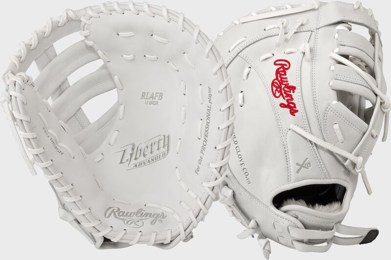 Two images showing the palm & back of a white 13" Liberty Advanced 1st base mitt