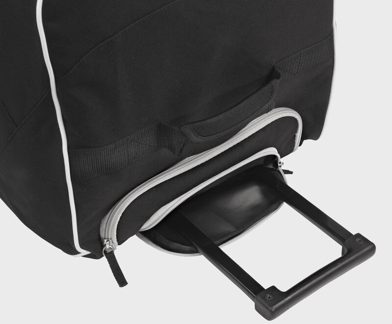 Black pull handle on a YADIWCB-B Rawlings wheeled catcher's bag