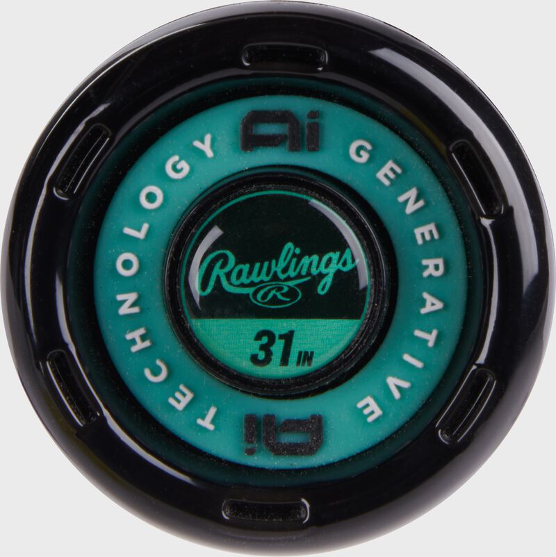 Black/mint knob of a Rawlings Mach AI 31 in -5 USSSA bat