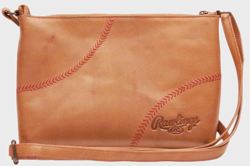 A tan Baseball Stitch cross mini bag with a leather strap and red baseball stitch design - SKU: MW471-204