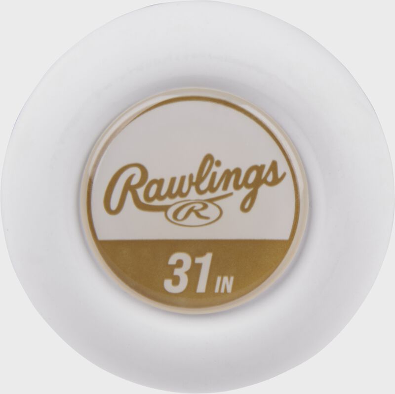 White knob of a 30" Icon USSSA baseball bat with a gold sticker - SKU: RUT4I5