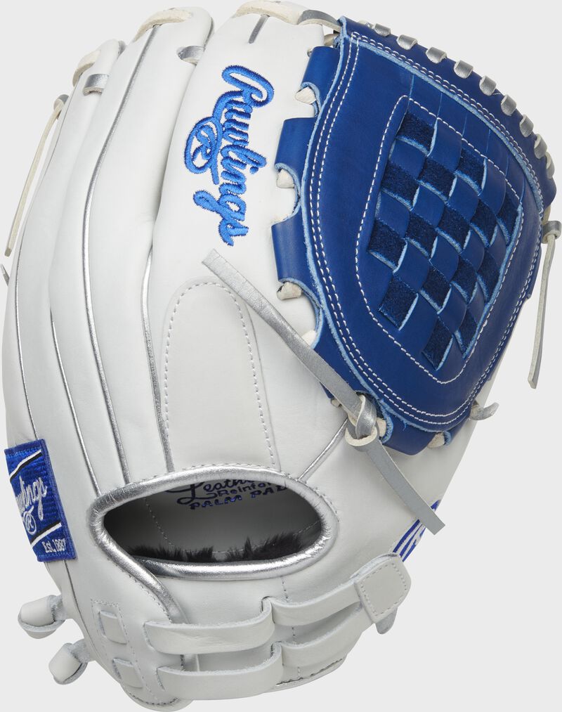 Back of a white/royal Liberty Advanced Color Series 12-Inch basket web glove with a pull strap back - SKU: RLA120-3WRP