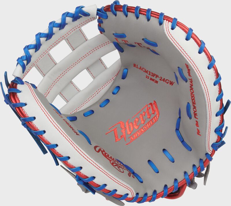 Palm of a gray/white/royal Liberty Advanced 33-inch Fastpitch Softball Catcher's Mitt