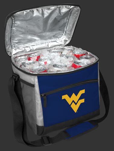 An open West Virginia Mountaineers 24 can cooler filled with ice and drinks - SKU: 10223114111
