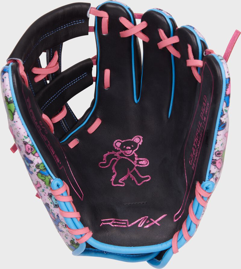 Black palm of a Rawlings x Grateful Dead REV1X glove with pink laces and pink palm stamp