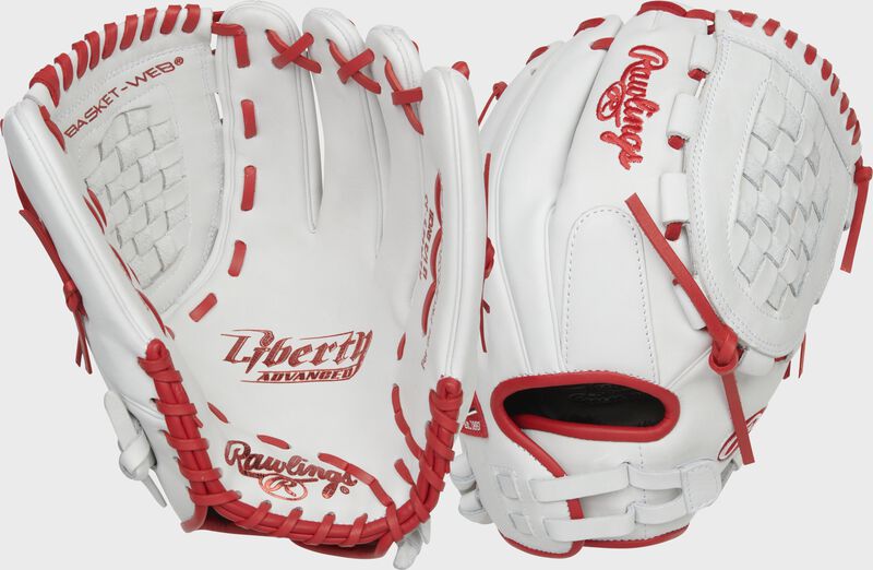 Front & back view of a white/scarlet Rawlings Liberty Advanced 12.5" softball glove - SKU: RLA125-3S