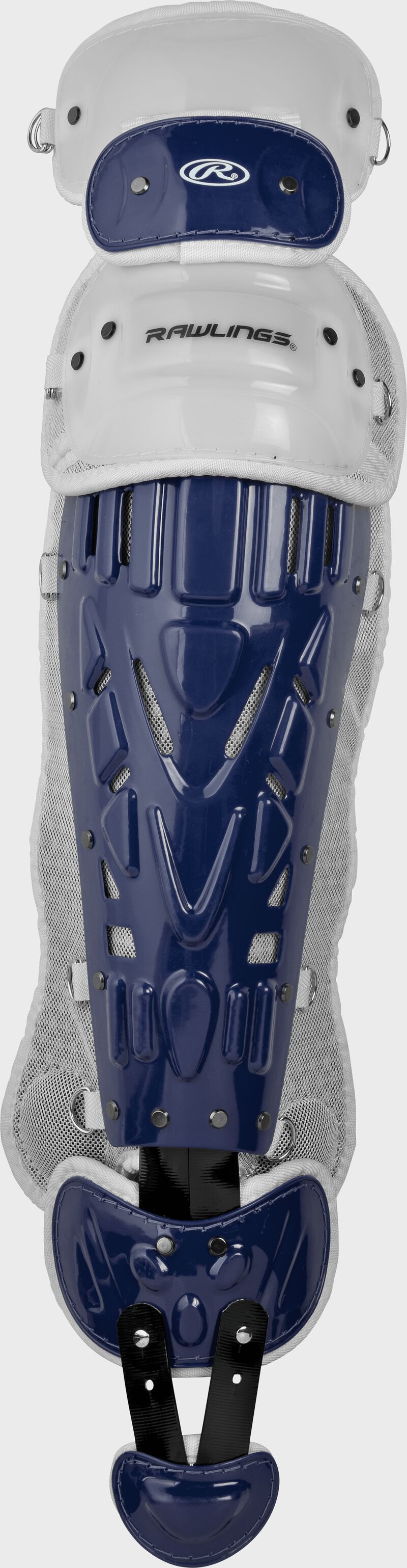 Front of a navy Velo leg guard
