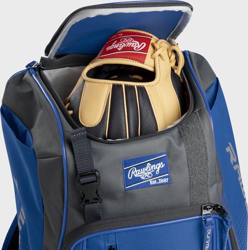 A Rawlings baseball glove in the top compartment of a Franchise baseball backpack - SKU: FRANBP-R
