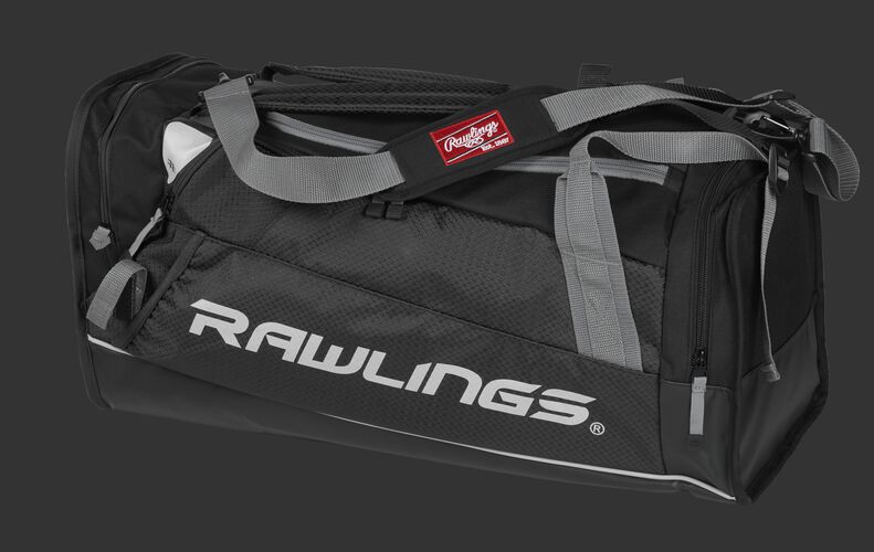 Side angle view of a black R601 Hybrid players bag with a Rawlings logo on the side