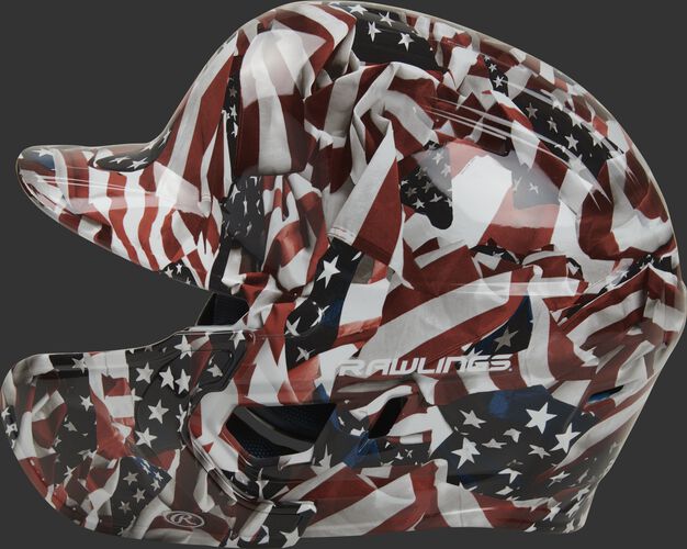 Left side of a MACHEXTR-USA Rawlings Mach EXT batting helmet with an MEXT face guard extension attached