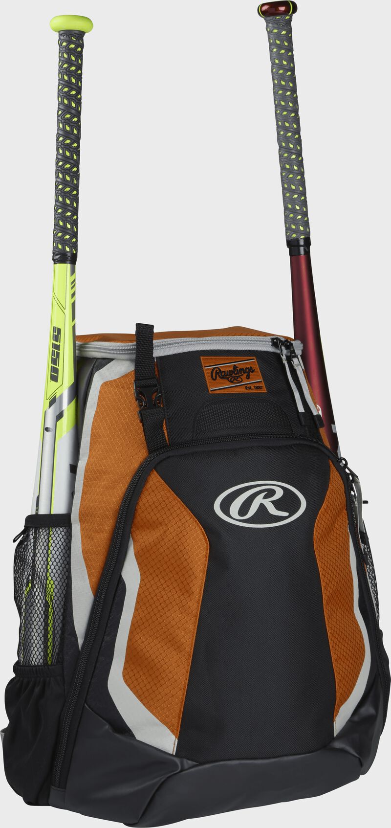 Right side of a black/orange R500 Rawlings baseball backpack with a white bat in the bat sleeve