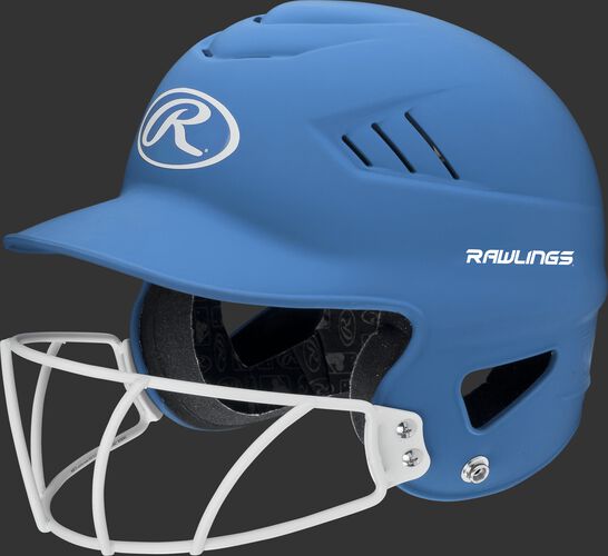 A carolina blue RCFHLFG Coolflo batting helmet with a white facemask