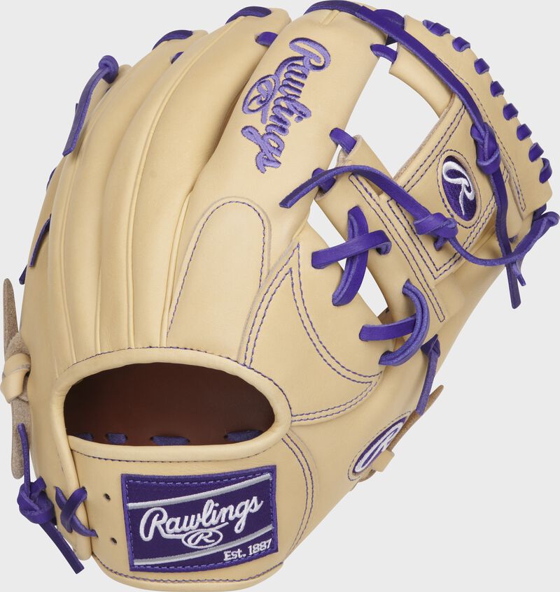 Camel back view of a Rawlings Heart of the Hide Trevor Story infield glove with a purple Rawlings patch - SKU: RSGPRONP4-2TS