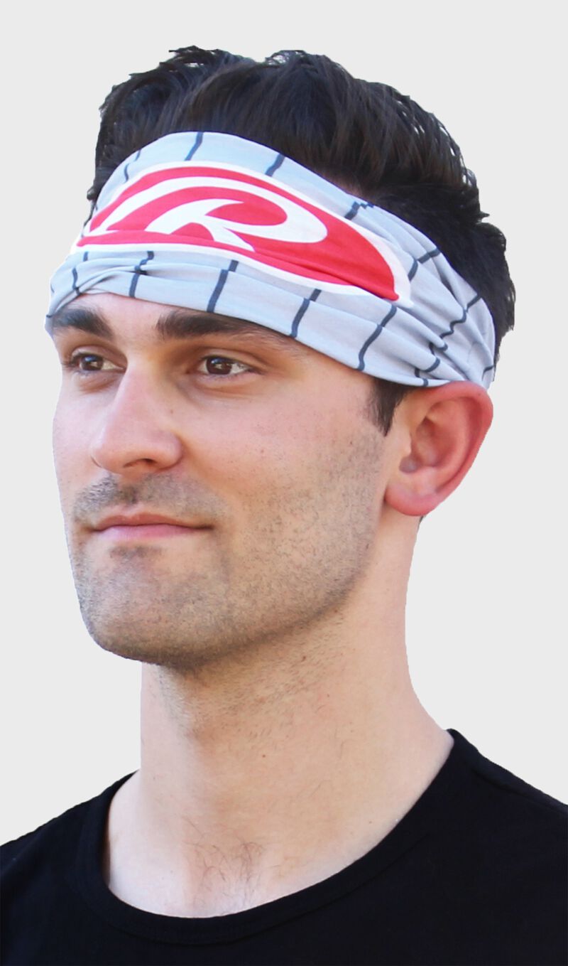 Front left-side view of Rawlings Adult Multi-Functional Head and Face Gear, Gray Pinstripe on head - SKU: RC40002-020 loading=
