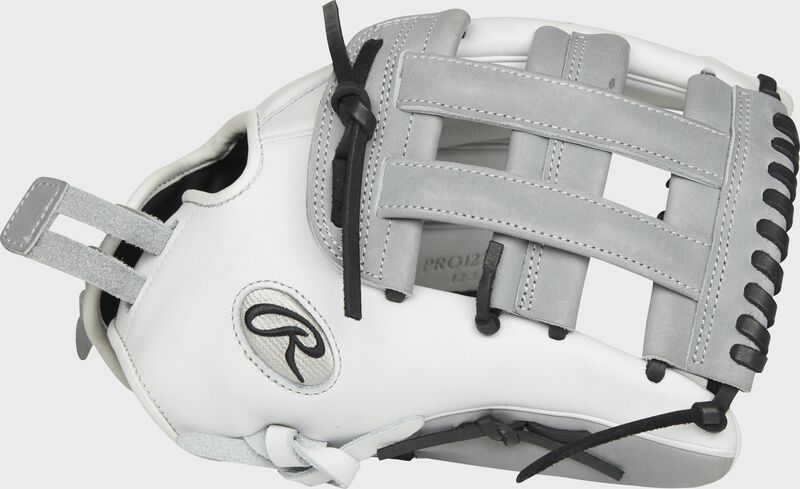 Thumb view of a PRO1275SB-6WG Heart of the Hide 12.75-inch Softball glove with grey trim and a grey H web