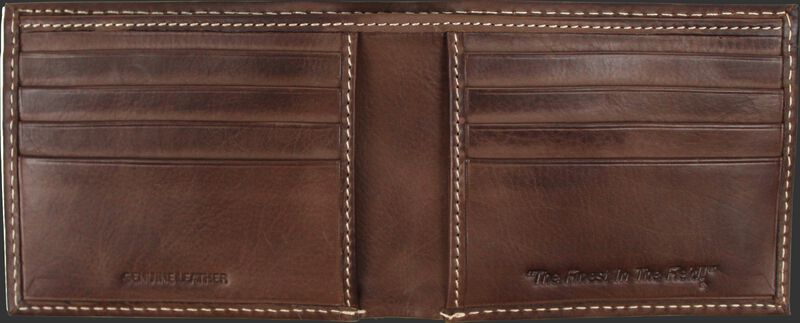 Inside of a brown MW485-201 Rawlings bi-fold wallet with multiple credit card slots on each side