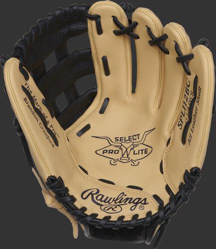 SPL112BC Rawlings 11.25-inch Brandon Crawford youth glove with a camel palm and black laces