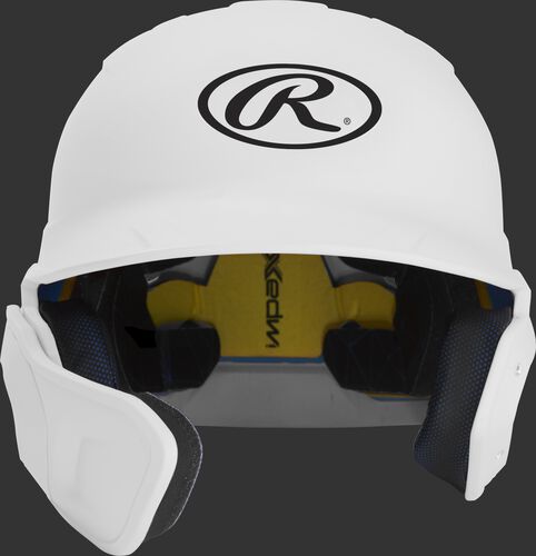 Front of a matte white MACHEXTL junior size Mach batting helmet with face guard extension for left hand batters