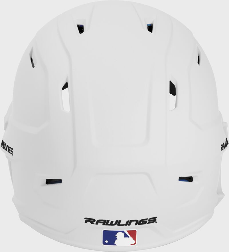 Back of a MACHEXTL high performance junior MACH helmet with a matte white shell and Official Batting Helmet of MLB logo
