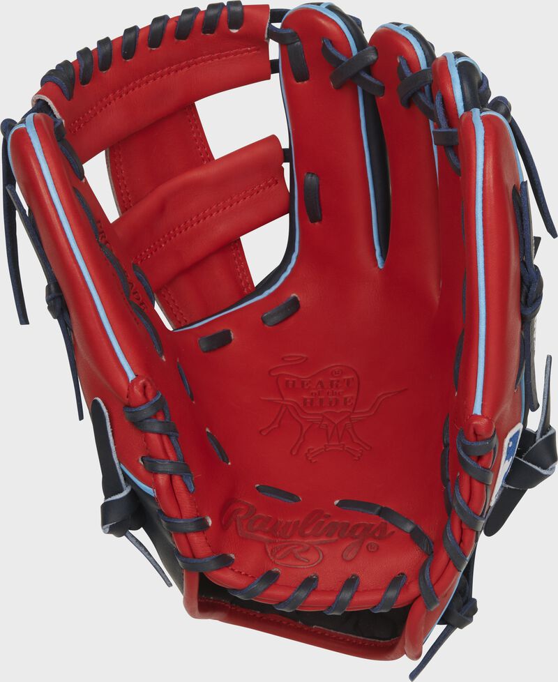 Scarlet palm of a Rawlings Minnesota Twins HOH glove with navy laces - SKU: RSGPRO204-13MIN